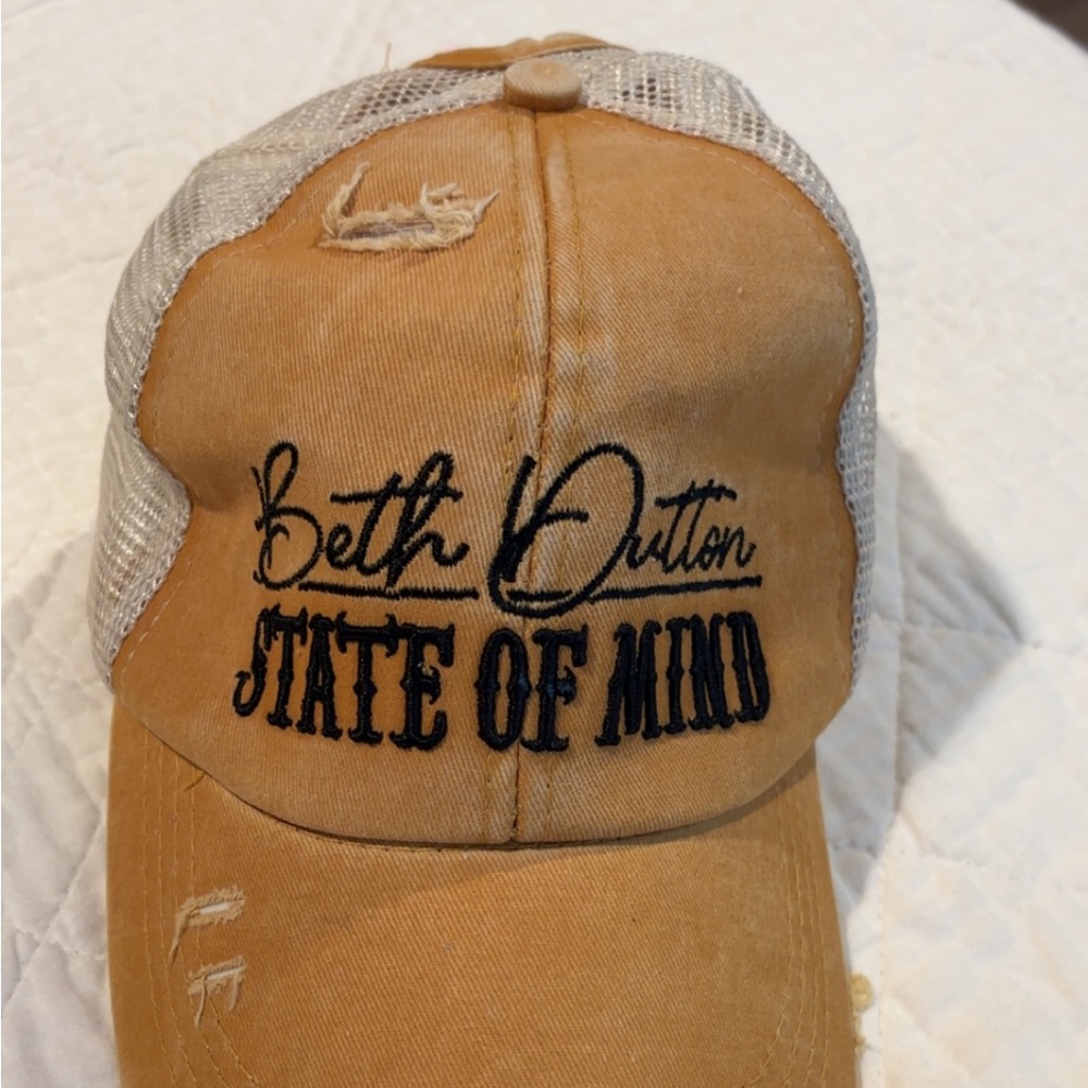 Camel and White Beth Dutton Trucker Hat